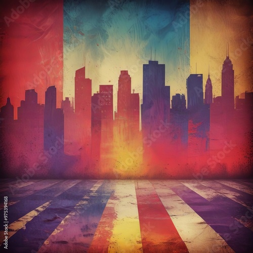 a vibrant, stylized cityscape with silhouettes of tall buildings against a colorful, abstract background.