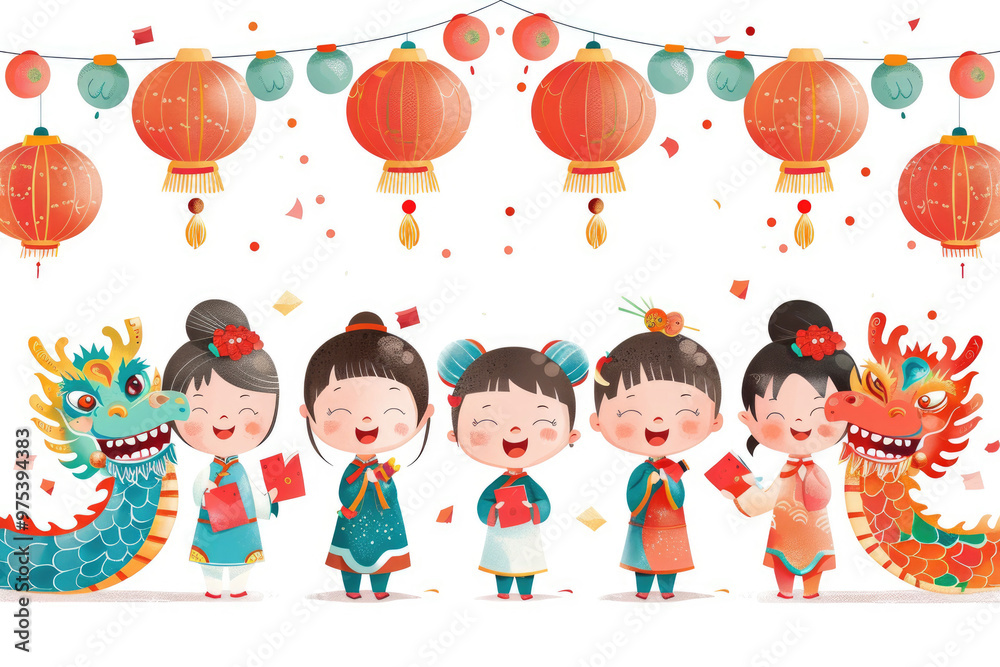 Chinese New Year, a group of children playing happily together with illustrations Chinese New Year, a group of children playing happily together with illustrations