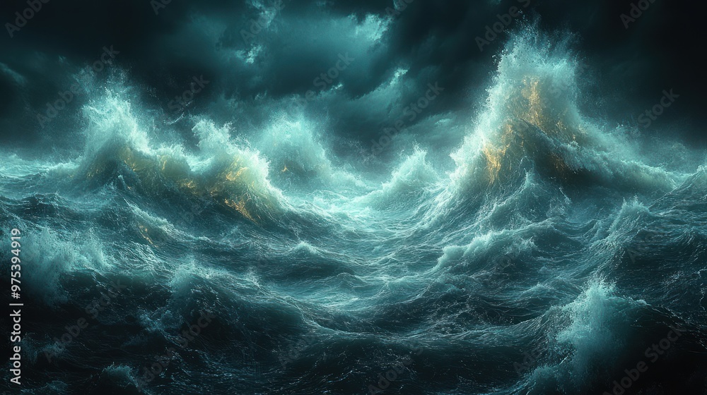 Dramatic ocean waves under dark, stormy skies. Dramatic ocean waves under dark, stormy skies.