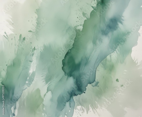a watercolor painting with a greenish-blue hue, featuring a central vertical line and a series of horizontal lines and splatters throughout.