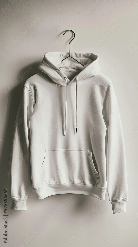 A plain white hoodie is displayed on hanger against neutral background, showcasing its simple design and versatility. This mockup is perfect for logo placement and branding opportunities A plain white hoodie is displayed on hanger against neutral background, showcasing its simple design and versatility. This mockup is perfect for logo placement and branding opportunities