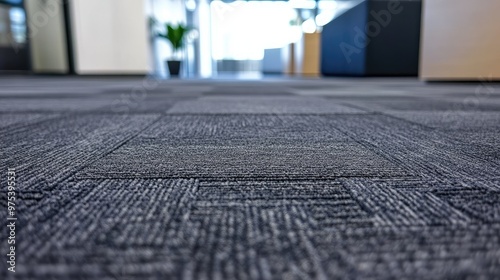 A macro shot of carpet tiles in a corporate office, showing the clean edges and subtle texture variation between each tile. © Suphawan