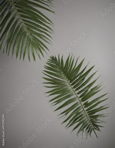 Two large palm leaves with long, thin fronds are shown against a gray background.