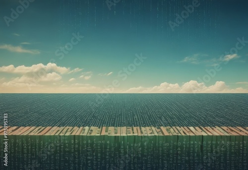 A surreal image depicting a vast, textured landscape with a wooden walkway leading to a sky filled with floating data points, creating a dreamlike atmosphere.