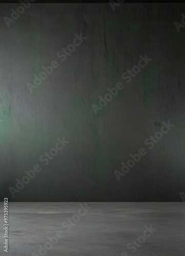 A dark, empty room with a concrete floor and a textured wall in the background.