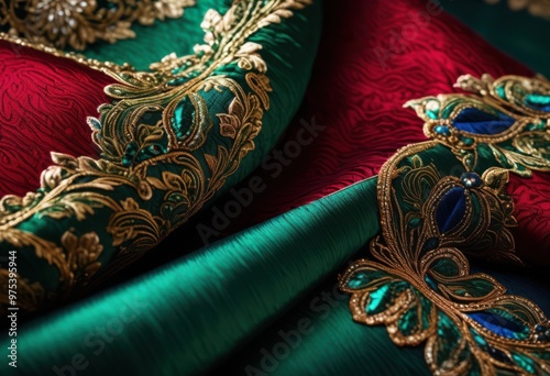 intricate close vibrant luxurious fabric patterns showcasing rich colors detailed textures, textile, design, luxury, material, ornate, stylish, soft