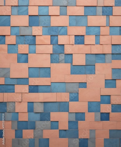 a wall composed of rectangular tiles in various shades of blue and peach, arranged in a grid-like pattern.