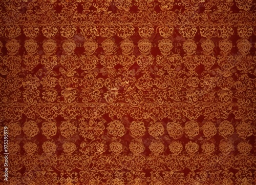 a close-up view of a red and gold patterned fabric, featuring a repeating design of floral and leaf-like motifs. photo