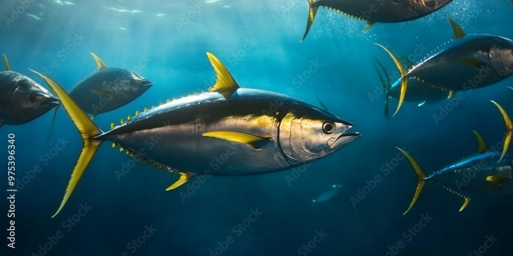 Yellowfin Tuna Hunting School Swimming Underwater in Deep Blue Ocean Yellowfin Tuna Hunting School Swimming Underwater in Deep Blue Ocean