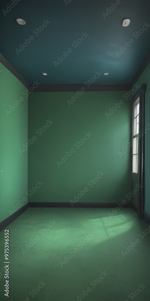 An empty room with a green wall and a blue ceiling, featuring a window and recessed lighting. An empty room with a green wall and a blue ceiling, featuring a window and recessed lighting.