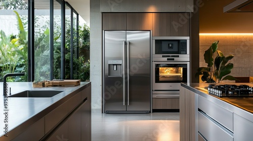 A modern kitchen featuring a sleek stainless steel refrigerator, oven, and dishwasher, surrounded by minimalistic countertops.