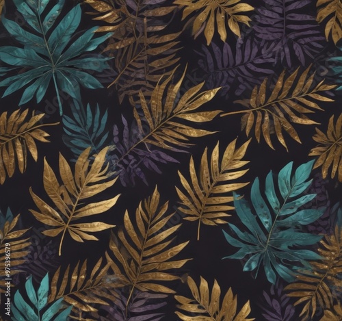 A seamless pattern of tropical leaves in gold and blue against a dark background.