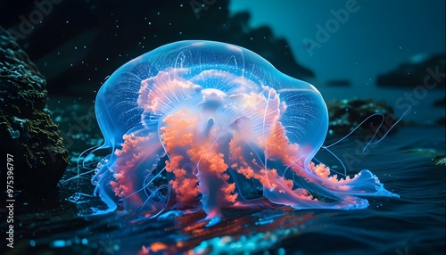 Enchanted underwater realm of bioluminescent jellyfish illuminating the depths of the ocean