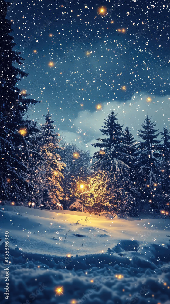 A serene winter wonderland night scene with twinkling stars and softly falling snowflakes. illuminated trees create magical atmosphere, inviting warmth amidst cold A serene winter wonderland night scene with twinkling stars and softly falling snowflakes. illuminated trees create magical atmosphere, inviting warmth amidst cold
