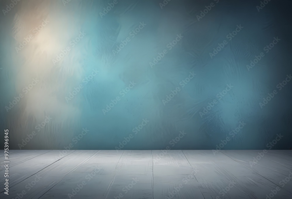 The image presents a serene indoor setting with a wooden floor and a textured blue wall in the background. The wall features a gradient effect transitioning from light blue at The image presents a serene indoor setting with a wooden floor and a textured blue wall in the background. The wall features a gradient effect transitioning from light blue at