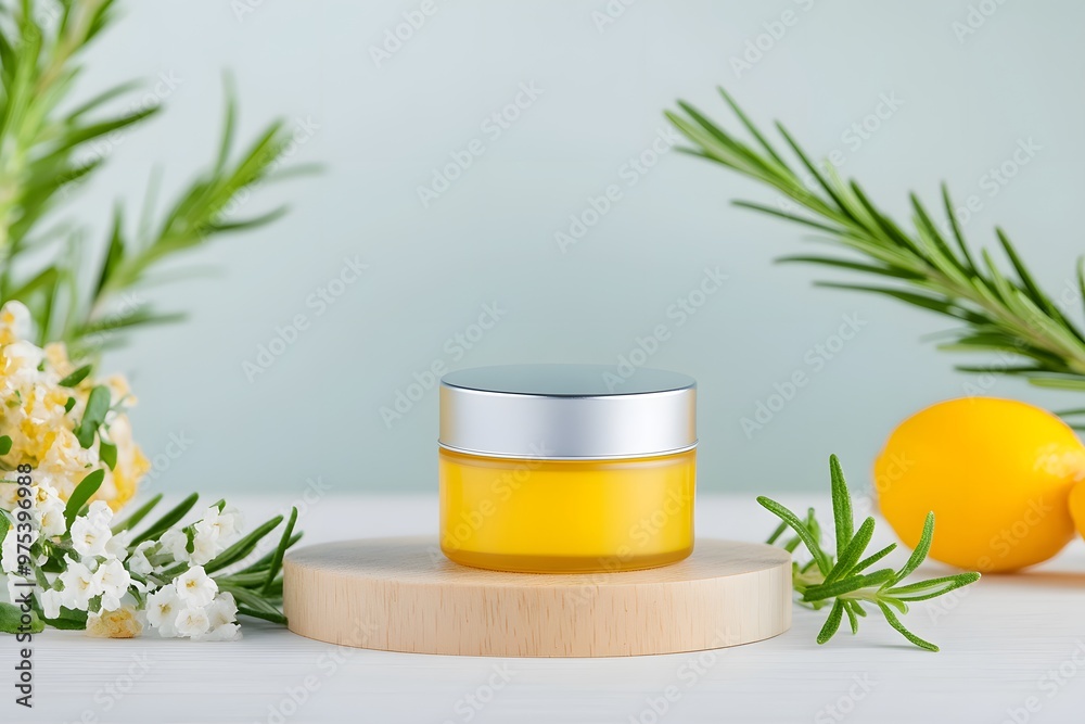 A vibrant beauty cream jar surrounded by fresh herbs and citrus, perfect for skincare and natural beauty promotions. A vibrant beauty cream jar surrounded by fresh herbs and citrus, perfect for skincare and natural beauty promotions.