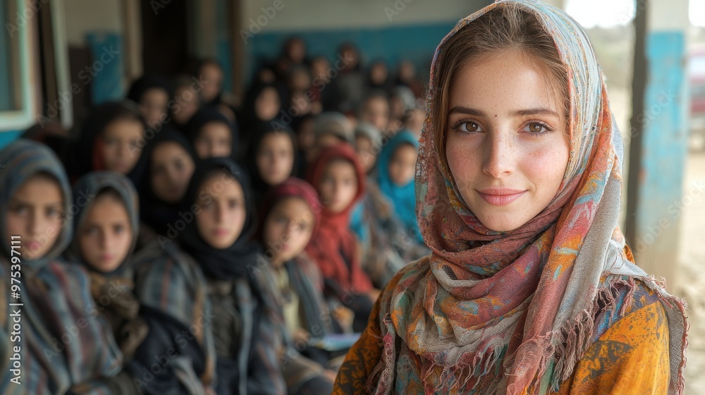 Young girl wearing a colorful scarf stands in front of a group of female students in a rural classroom setting Young girl wearing a colorful scarf stands in front of a group of female students in a rural classroom setting