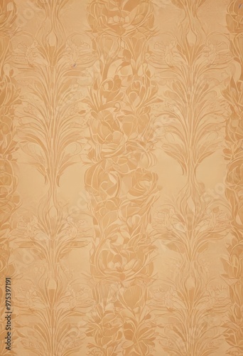 a close-up view of a decorative wallpaper pattern with a repeating floral design in shades of beige and brown.