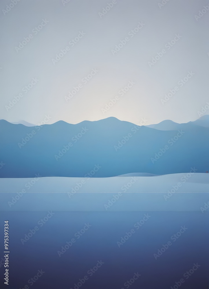 Fototapeta premium A serene landscape with a calm body of water and distant mountains, captured in a minimalist style with a gradient of blue and gray tones.