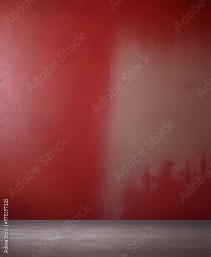 a red wall with a white streak on the right side, creating a striking contrast. The wall appears to be freshly painted, and the perspective is from a low angle, looking up at