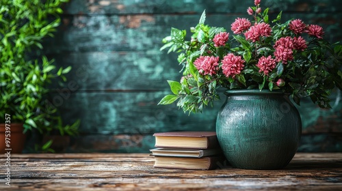 A green ceramic vase with pink flowers sits on a rustic wooden table next to two stacked books against a textured green backdrop