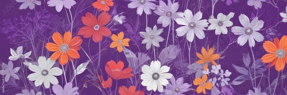 custom made wallpaper toronto digitalA vibrant floral pattern featuring a variety of orange, white, and purple flowers against a purple background.