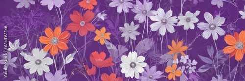 Wallpaper Mural A vibrant floral pattern featuring a variety of orange, white, and purple flowers against a purple background. Torontodigital.ca
