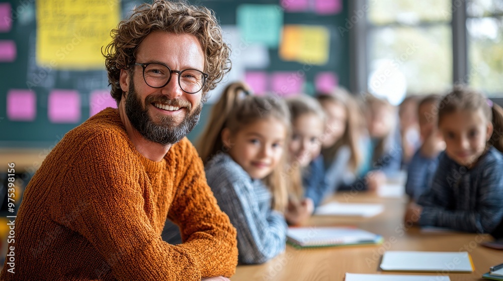 Teacher smiling with elementary school students engaged in classroom activities during a bright morning session Teacher smiling with elementary school students engaged in classroom activities during a bright morning session