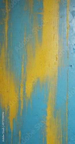 a textured surface with vertical lines of yellow and blue paint, creating a dynamic and abstract pattern.