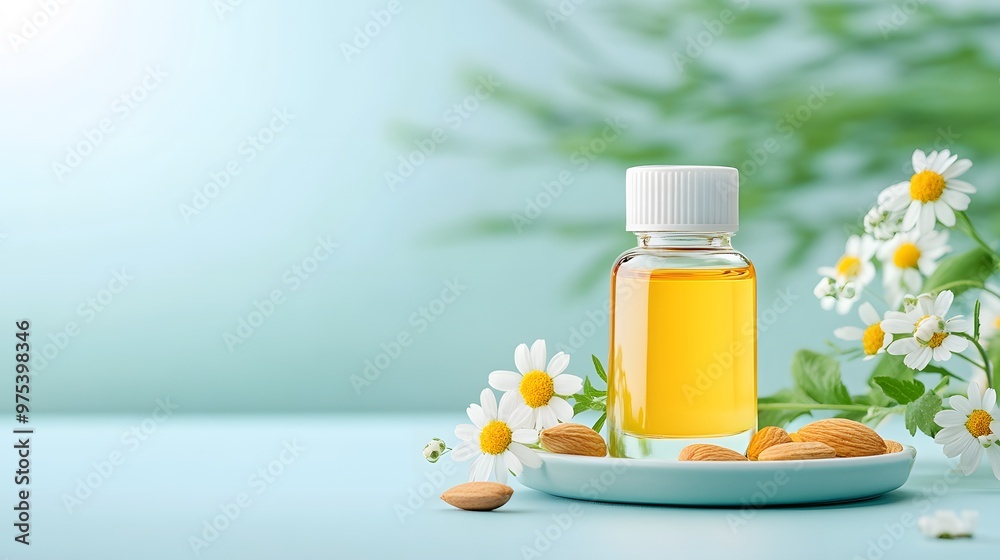 A serene composition featuring a bottle of golden oil surrounded by flowers and almonds, perfect for wellness and beauty themes. A serene composition featuring a bottle of golden oil surrounded by flowers and almonds, perfect for wellness and beauty themes.