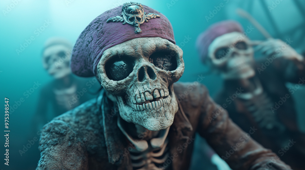 3d render Skeleton pirate crew, cursed by ancient magic in soft teal background/curse, magic, halloween 3d render Skeleton pirate crew, cursed by ancient magic in soft teal background/curse, magic, halloween