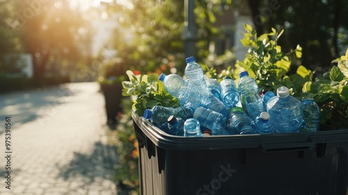 A recycling bin being filled with plastic water bottles, showing the growing impact of recycling efforts in a clean, organized outdoor space.