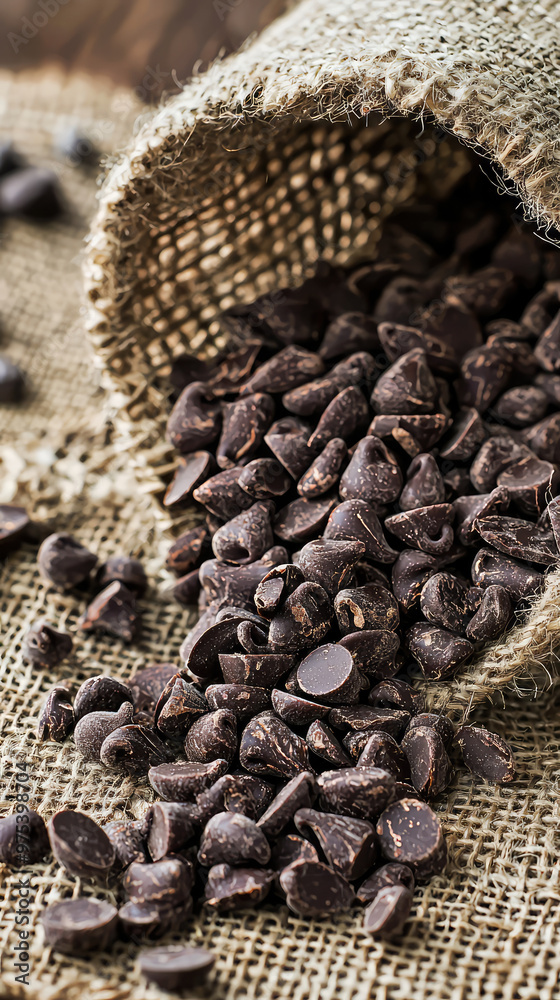 Rich cacao nibs and chocolate chips spill from burlap sack, creating delightful scene of indulgence. texture and color of chocolate evoke sense of warmth and comfort