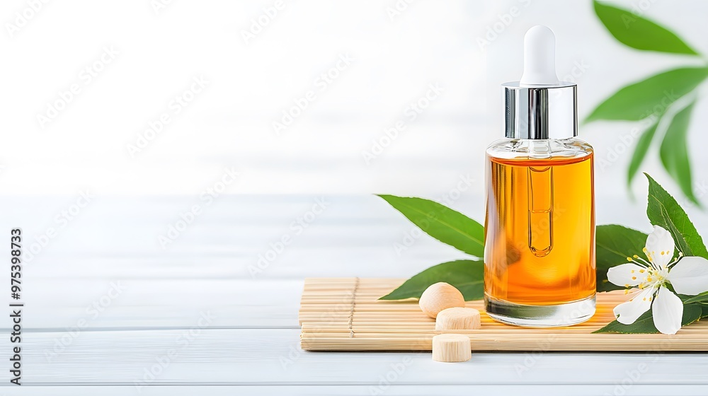 A sleek dropper bottle filled with golden oil surrounded by natural elements on a bamboo mat, perfect for wellness and beauty imagery. A sleek dropper bottle filled with golden oil surrounded by natural elements on a bamboo mat, perfect for wellness and beauty imagery.