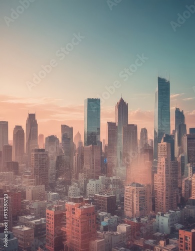 A panoramic view of a city skyline at sunset, with a hazy, warm-toned sky and the silhouettes of tall buildings against the fading light.