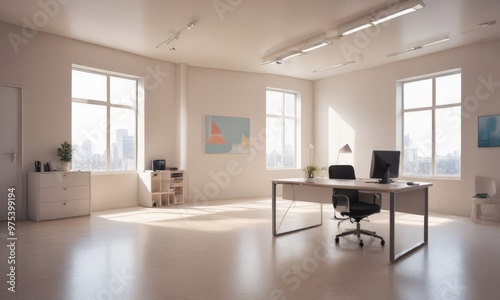 A modern, minimalist office space with a large window, white walls, and a sleek black desk with a computer setup.