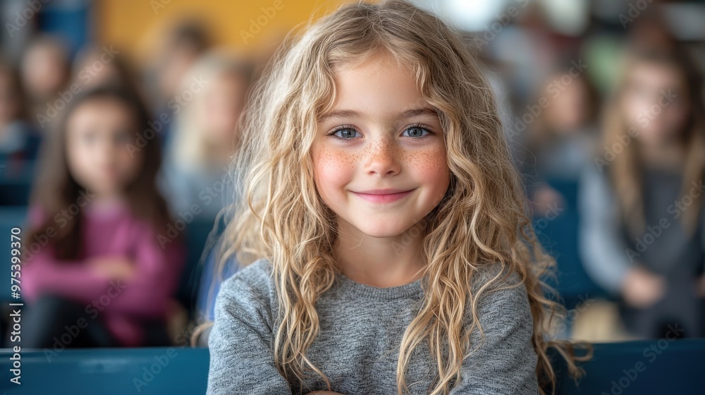 Young girl smiling confidently while seated in a classroom full of peers during an educational event Young girl smiling confidently while seated in a classroom full of peers during an educational event