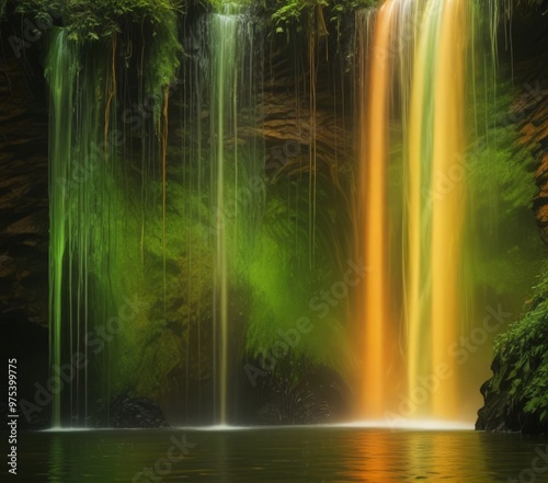 a serene waterfall cascading into a pool, with the water reflecting the vibrant colors of the surrounding foliage.