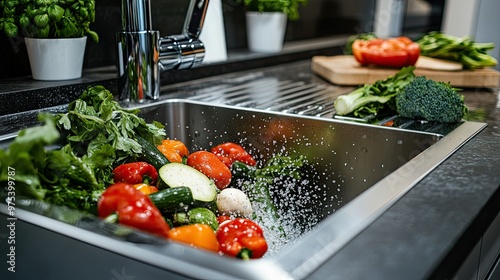 A shiny, new garbage disposal in a modern kitchen sink, with vegetables being efficiently chopped and discarded into it. photo