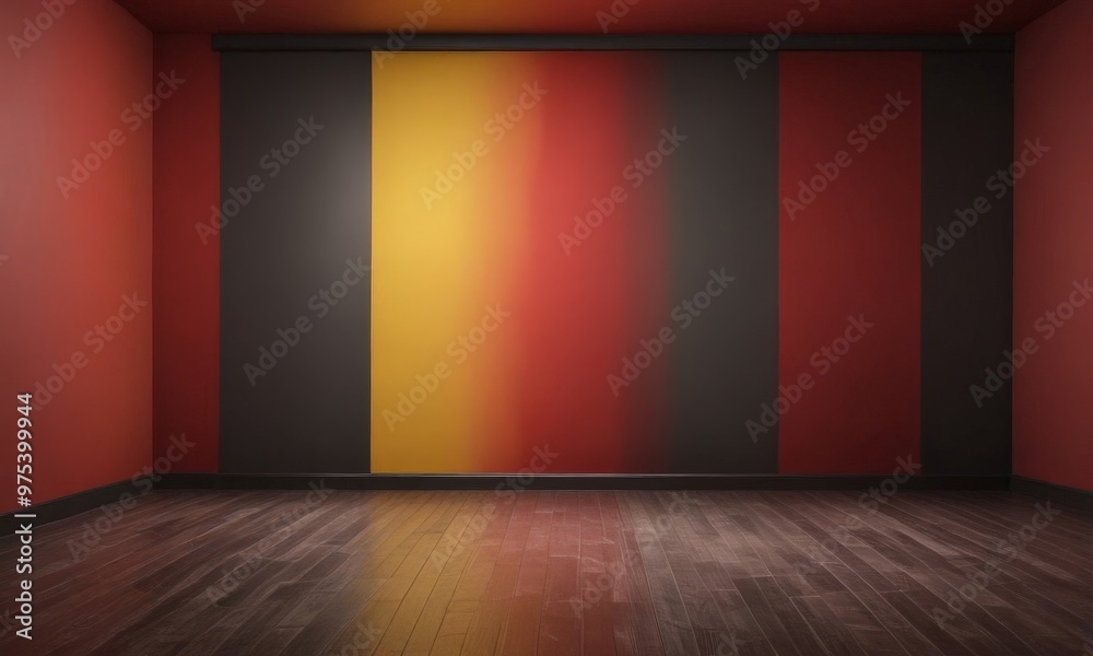 An empty room with a wooden floor and a wall featuring vertical stripes in red, yellow, and black. An empty room with a wooden floor and a wall featuring vertical stripes in red, yellow, and black.