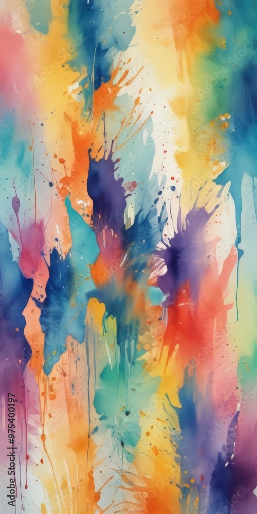 The image is an abstract painting featuring a vibrant mix of colors, including blue, orange, yellow, and pink, with splashes and drips creating a dynamic and energetic composition.