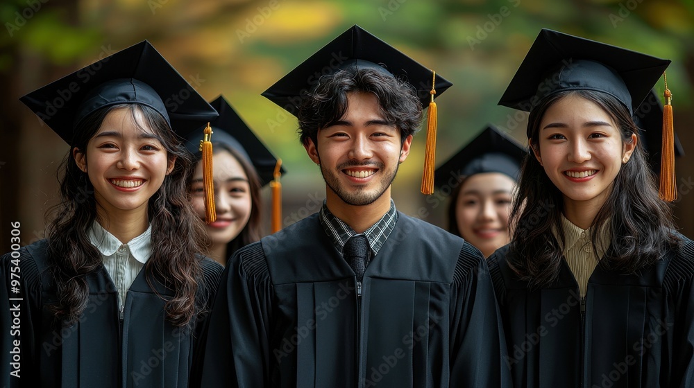 Graduation celebration at a university with students smiling in caps and gowns amidst a beautiful outdoor setting Graduation celebration at a university with students smiling in caps and gowns amidst a beautiful outdoor setting