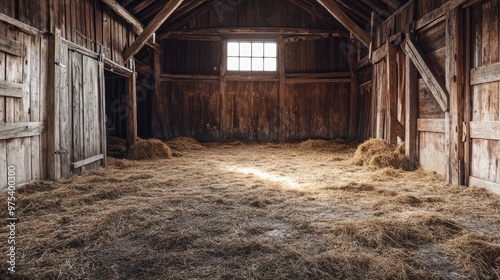 Empty barn with worn wooden walls and hay scattered on the floor, evoking a nostalgic, farm-like feel.