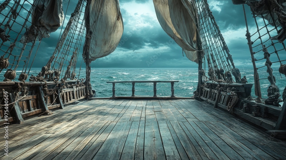 Naklejka premium Empty pirate ship deck scene with billowing sails, ropes, and wooden planks, against a cinematic, stormy background for stage use.