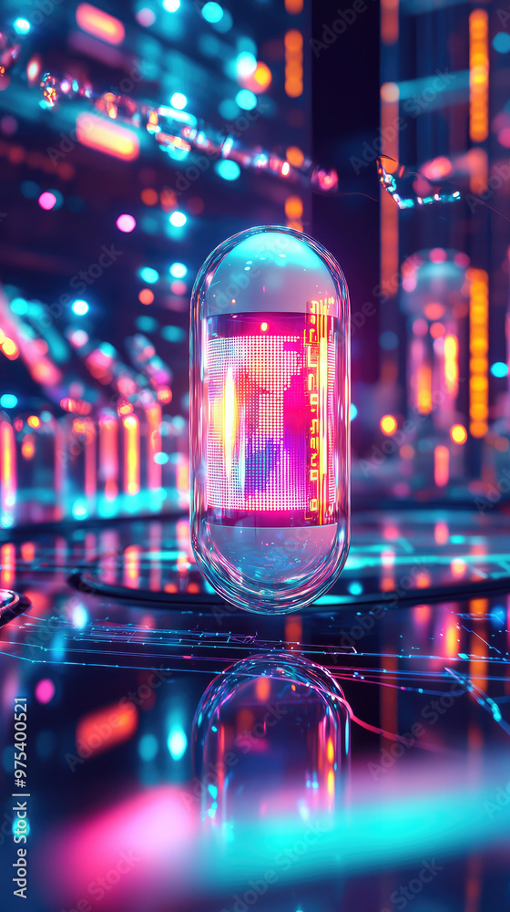 A futuristic pill in neon lit lab, surrounded by holographic displays and vibrant lights, evokes sense of advanced technology and innovation. glowing environment enhances pills significance in this hi