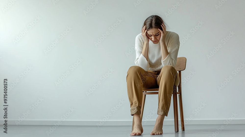Woman sitting barefoot with hands on head feeling distressed Woman sitting barefoot with hands on head feeling distressed