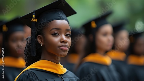 A proud graduate wears her cap and gown during the commencement ceremony, celebrating achievements with classmates outdoors in summer