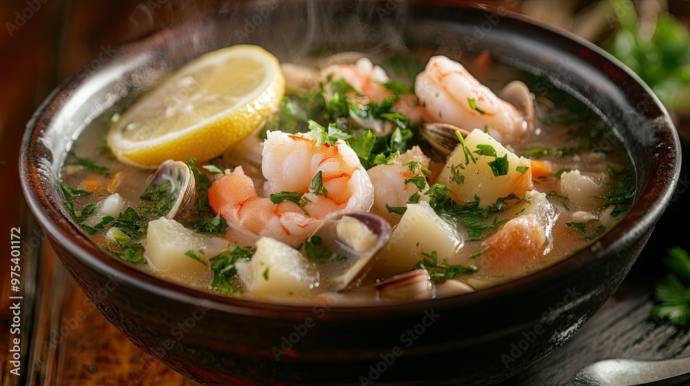A steaming bowl of seafood chowder with visible shrimp, clams, and potatoes, garnished with fresh herbs and a slice of lemon. A steaming bowl of seafood chowder with visible shrimp, clams, and potatoes, garnished with fresh herbs and a slice of lemon.