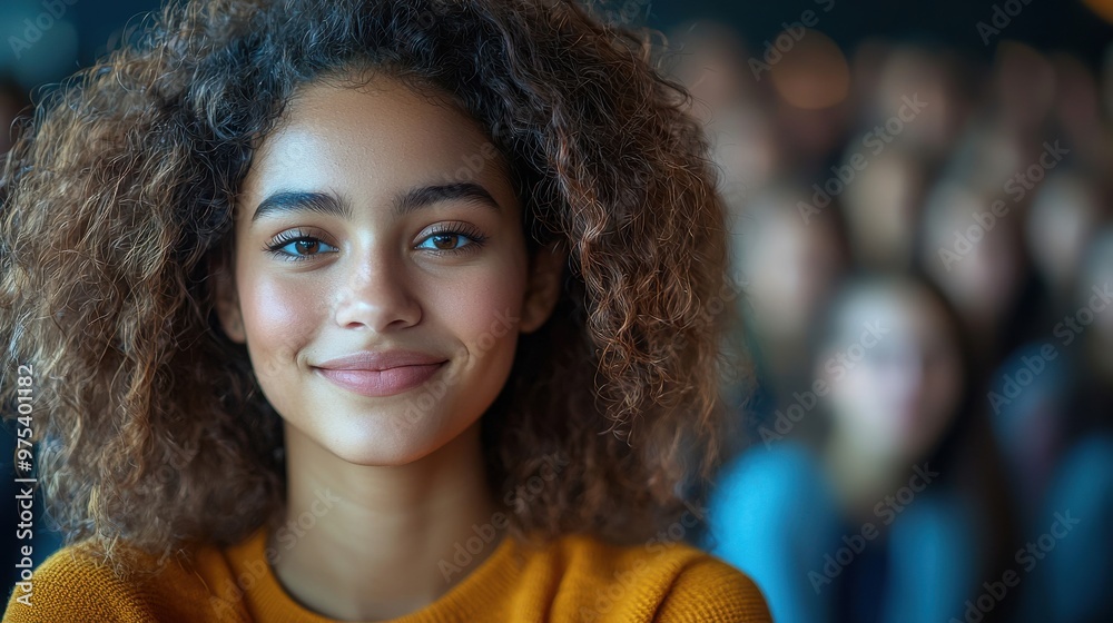 Young woman smiling warmly in a crowded indoor setting during a public event in the afternoon Young woman smiling warmly in a crowded indoor setting during a public event in the afternoon