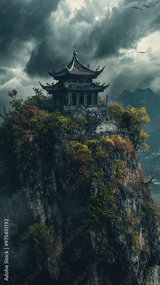 A Gothic style temple stands majestically on cliff, surrounded by dark storm clouds and vibrant autumn foliage. scene evokes sense of mystery and awe A Gothic style temple stands majestically on cliff, surrounded by dark storm clouds and vibrant autumn foliage. scene evokes sense of mystery and awe
